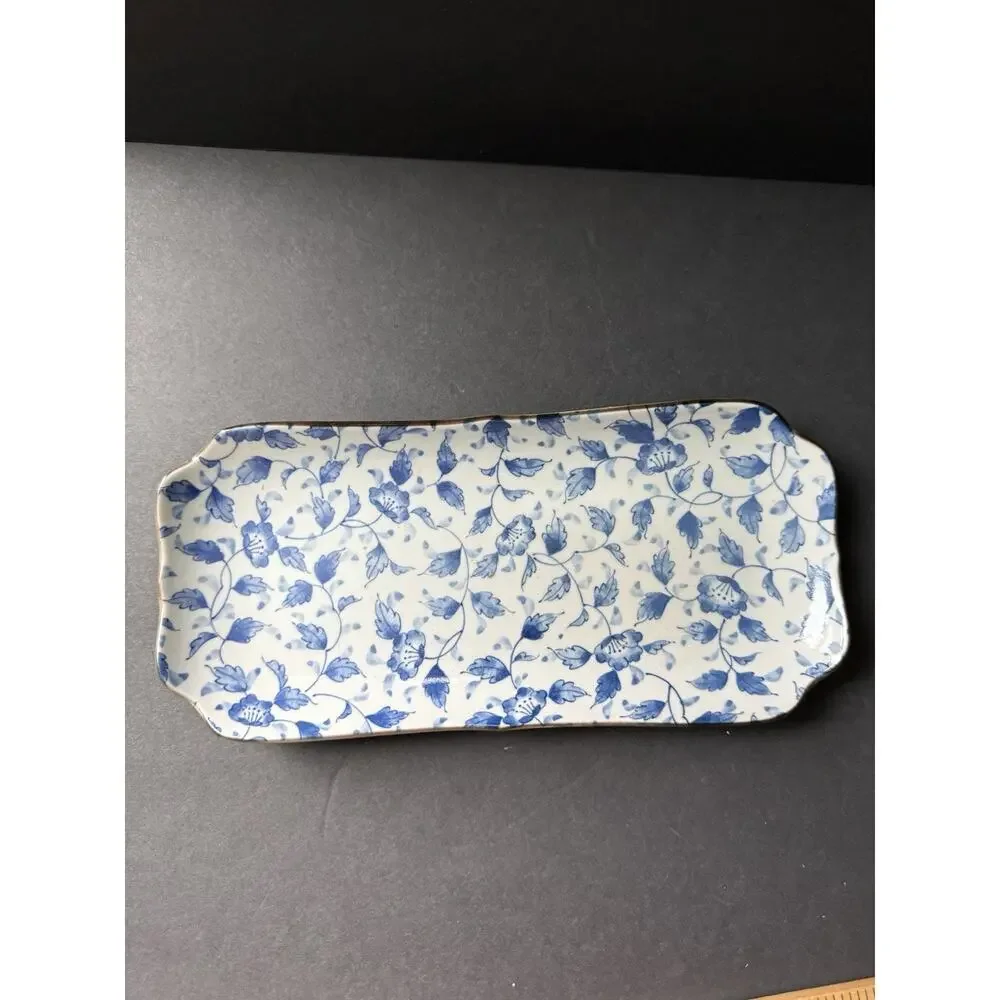 Vintage Floral Asian Rectangle Porcelain Tray Blue White Serving Trinket Cottage